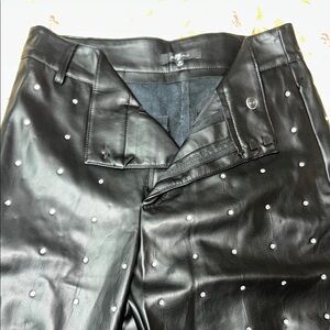 New 7 For All Mankind Black Faux Leather Rhinestone High Rise Wide Leg Pant